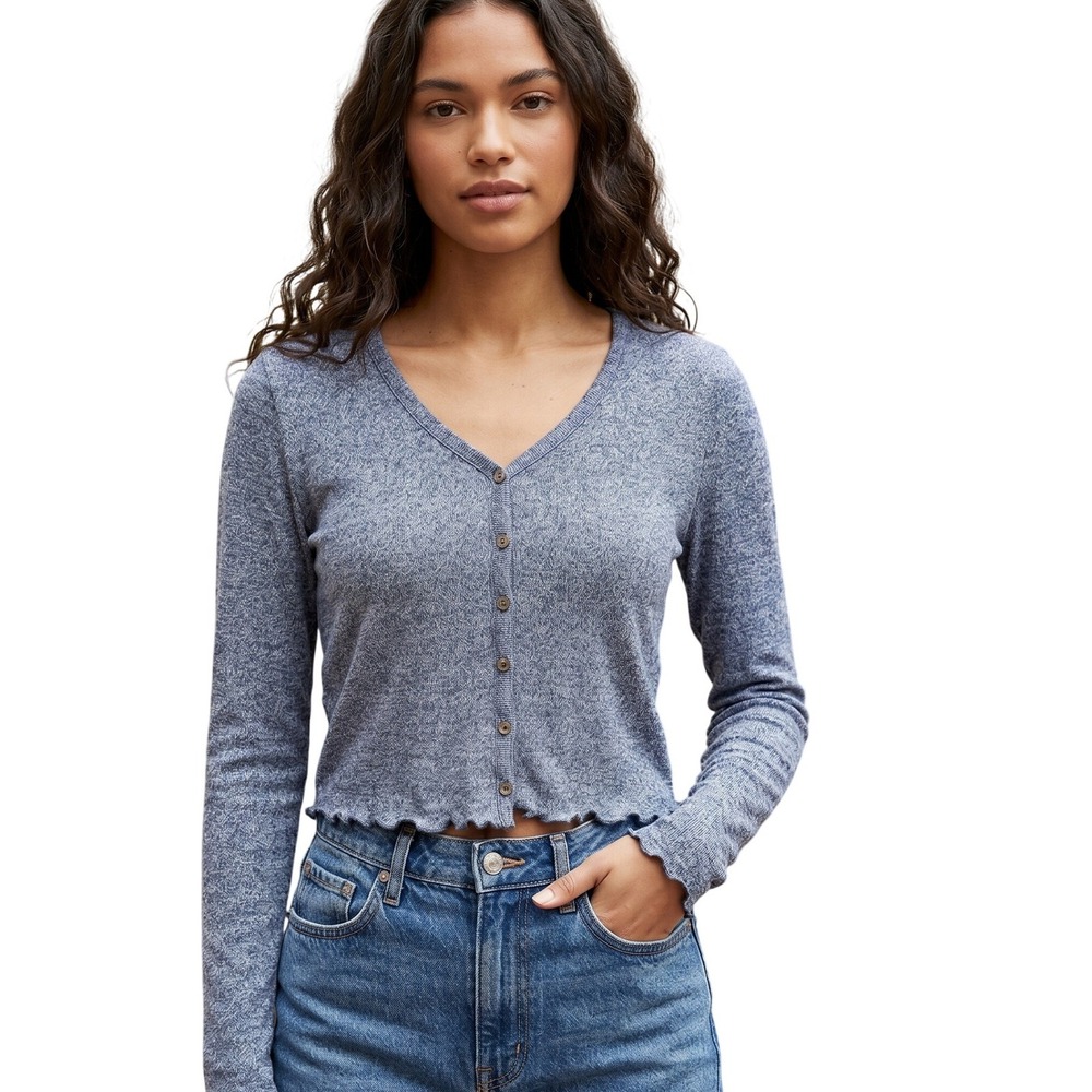 American Eagle Blue Lettuce Edge Cardigan Crop Top S Y2K Soft Girl Marl Ribbed